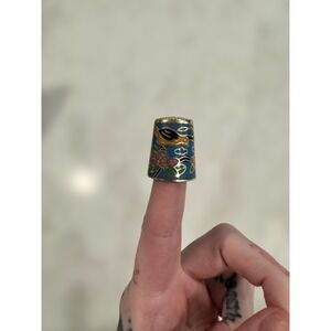 Vintage Cloisonne‎ Thimble Collectible Sewing Floral Bird Teal Blue Gold Trim